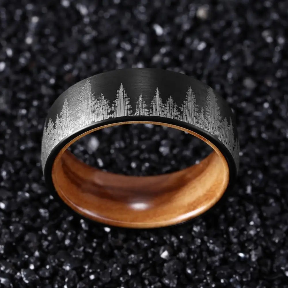 8mm Black Tungsten Forest Ring with Olive Wood Liner