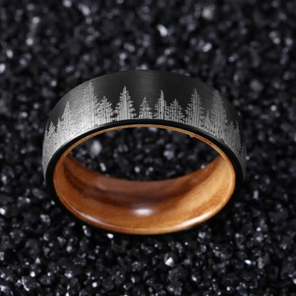 8mm Black Tungsten Forest Ring with Olive Wood Liner