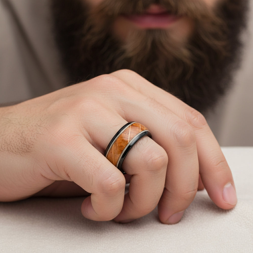 8mm Black Tungsten Ring with Wood & Guitar String Inlay