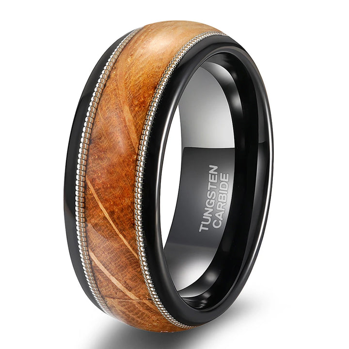 8mm Black Tungsten Ring with Wood & Guitar String Inlay