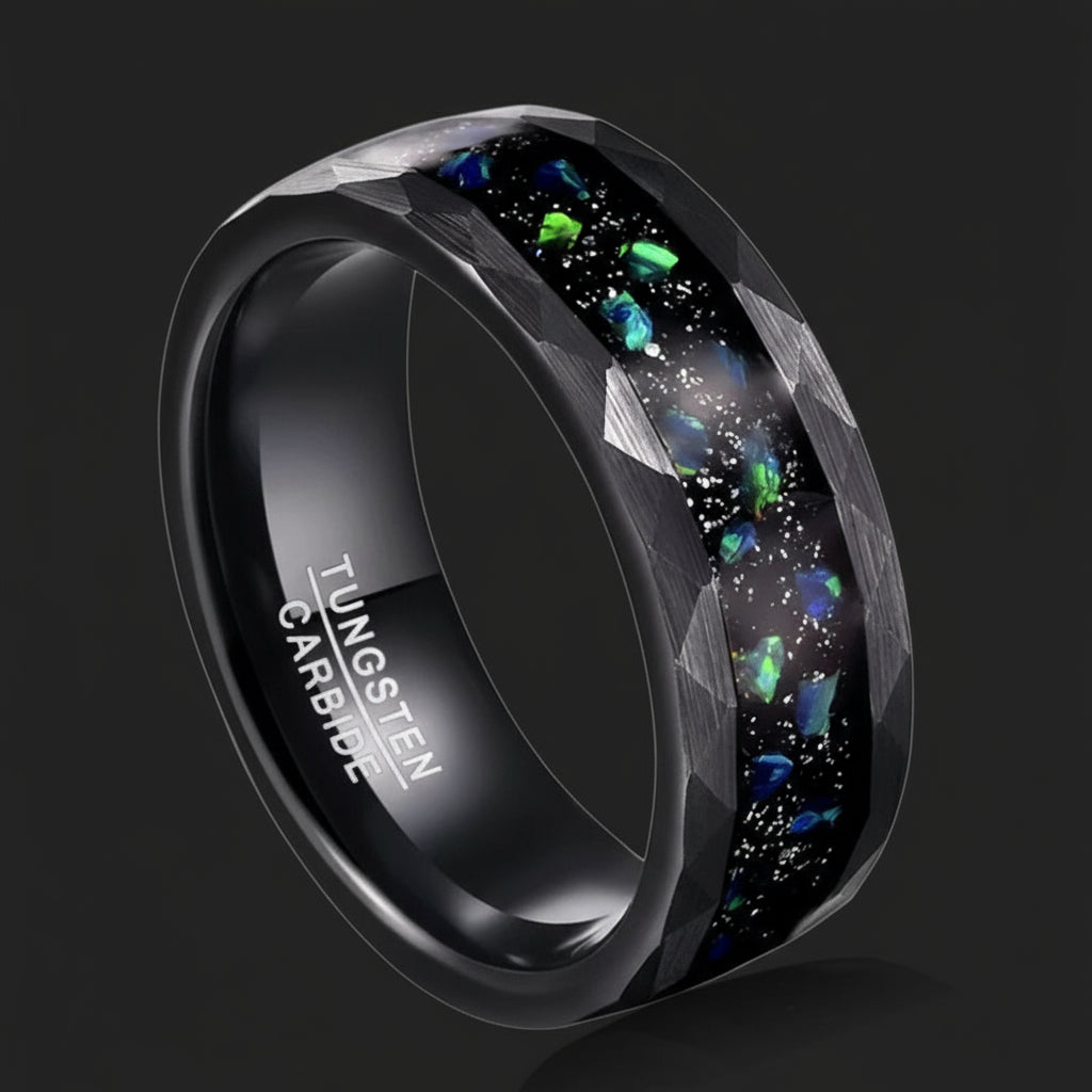 8mm Black Tungsten Ring – Green Crushed Opal Inlay