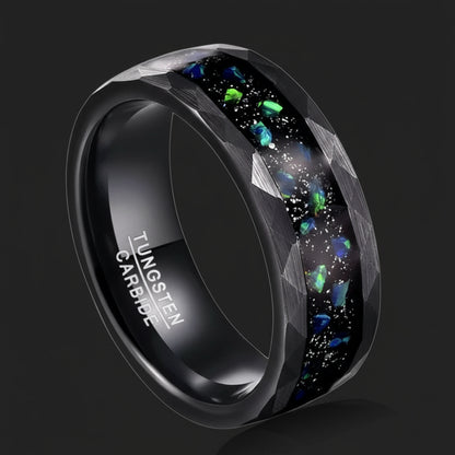 8mm Black Tungsten Ring – Green Crushed Opal Inlay