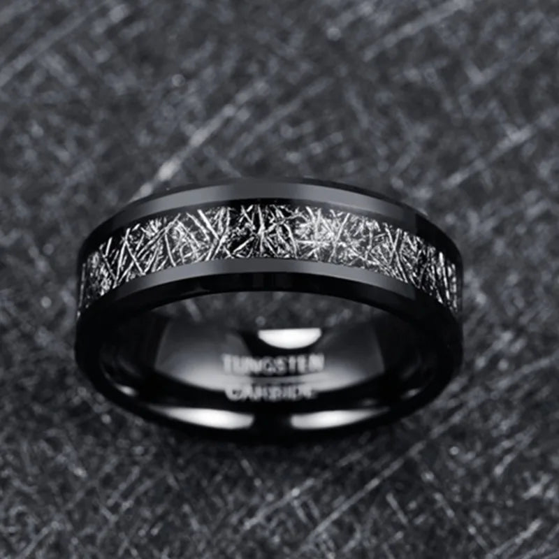 8mm Black Tungsten Ring – Meteorite & Carbon Fiber Inlay