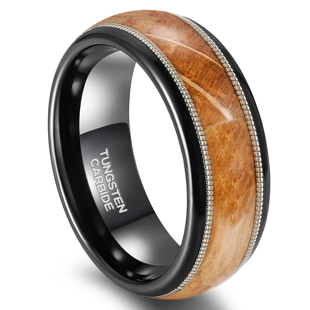8mm Black Tungsten Ring with Wood & Guitar String Inlay