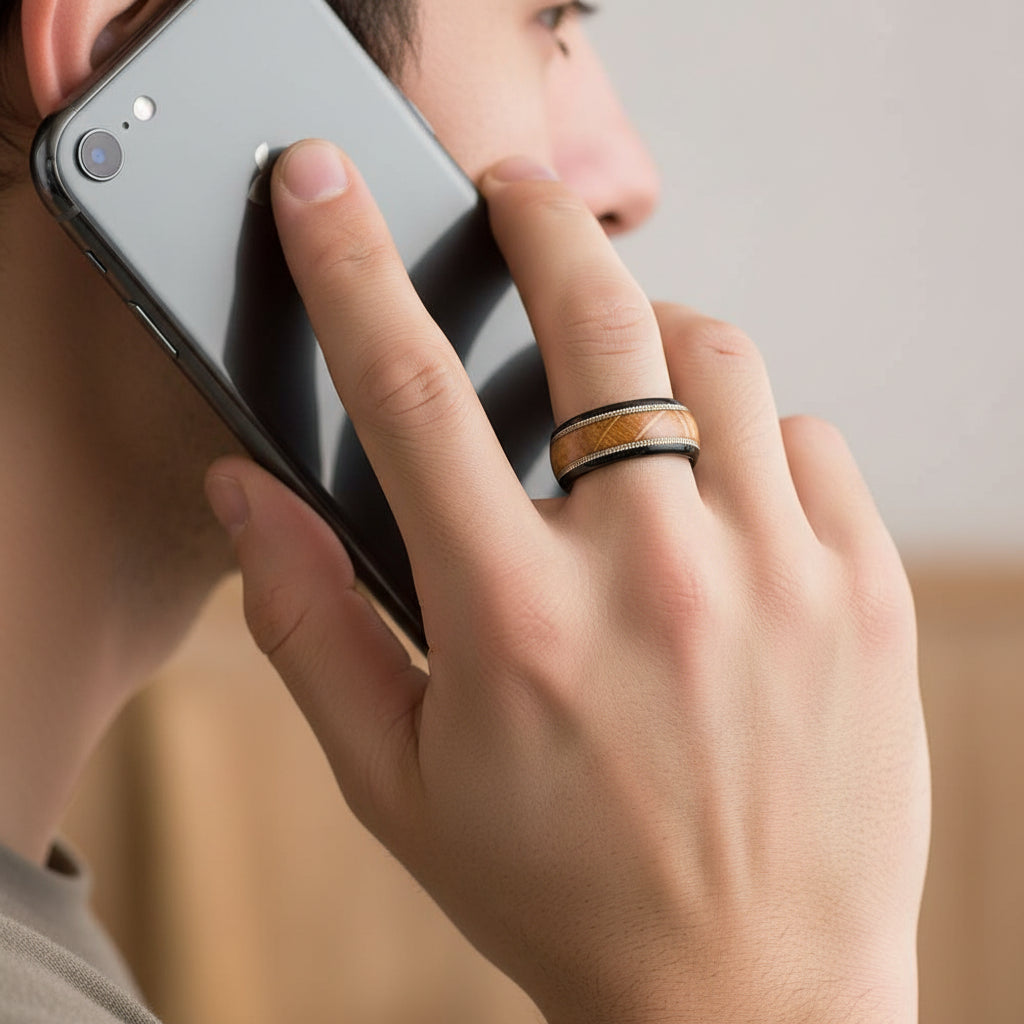 8mm Black Tungsten Ring with Wood & Guitar String Inlay