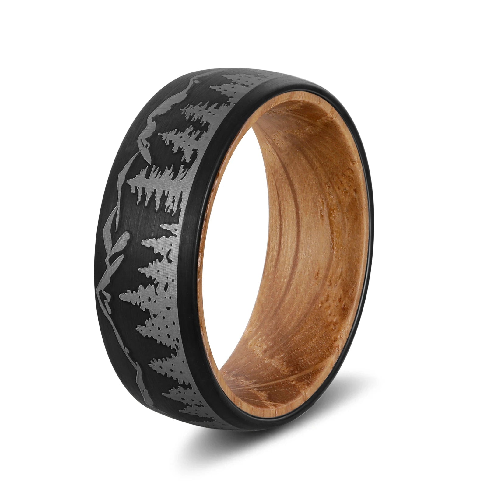 8mm Black Tungsten Wood Ring with Laser Forest Inlay