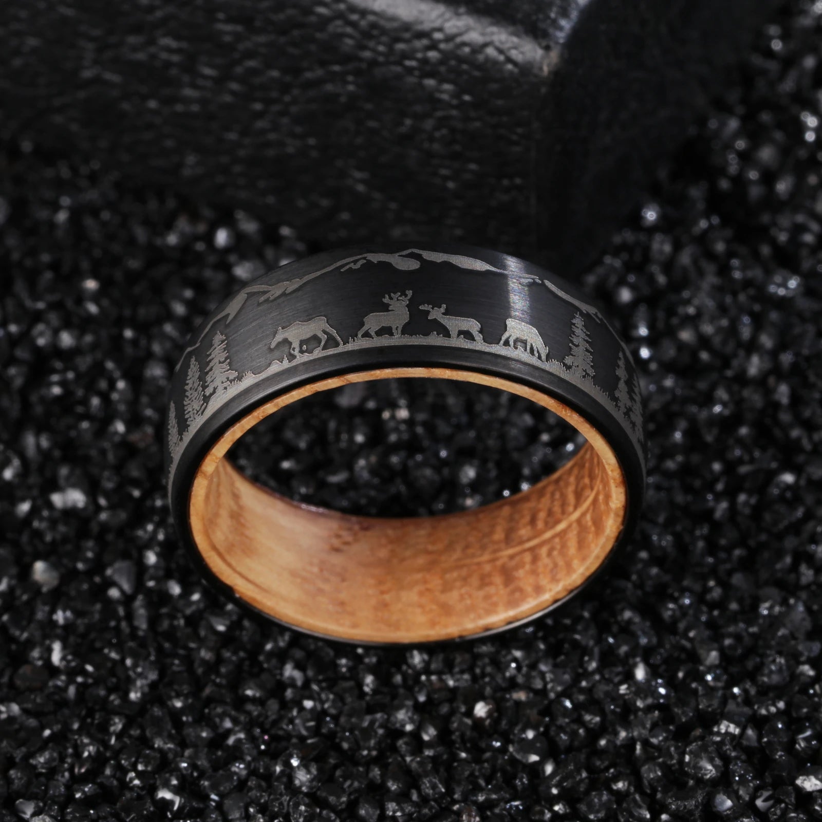8mm Black Tungsten Wood Ring with Laser Forest Inlay