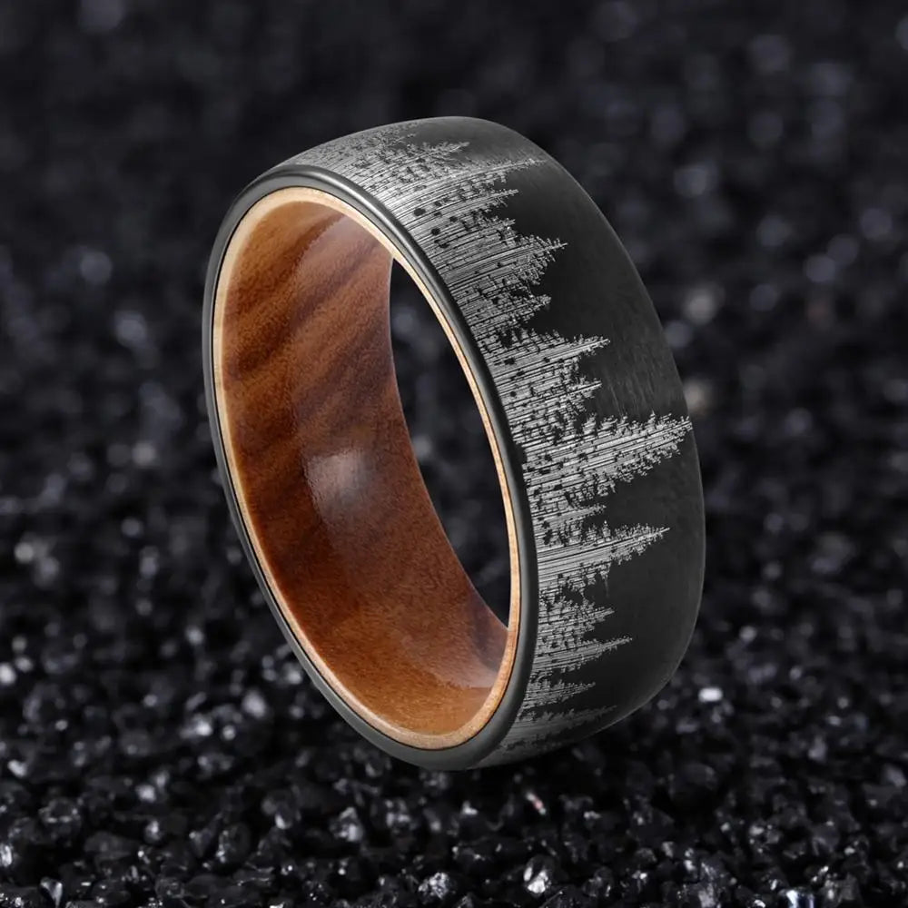 8mm Black Tungsten Forest Ring with Olive Wood Liner