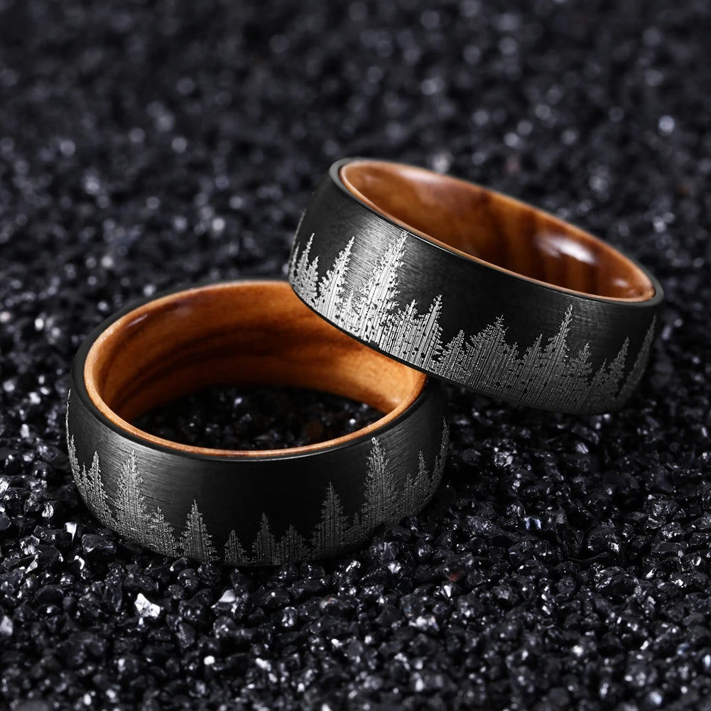 8mm Black Tungsten Forest Ring with Olive Wood Liner