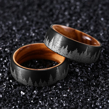 8mm Black Tungsten Forest Ring with Olive Wood Liner