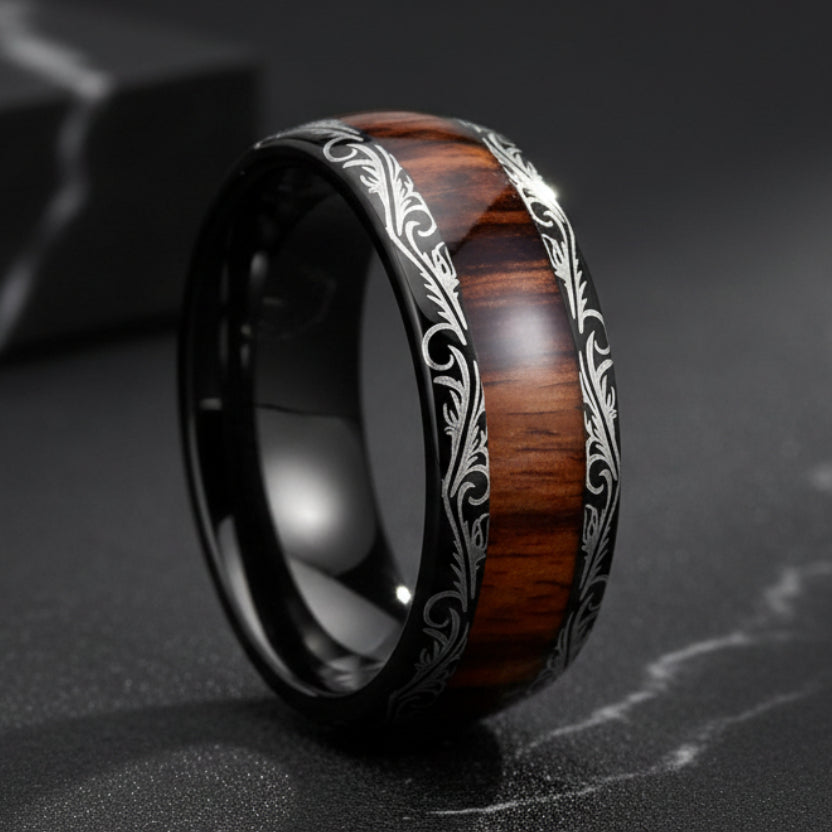 8mm_Black_Tungsten_Ring__Leaf_Veins__Red_Wood_Inlay