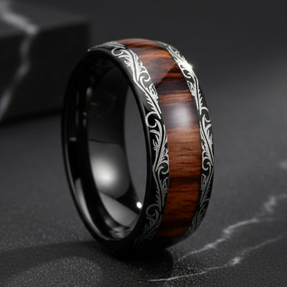 8mm_Black_Tungsten_Ring__Leaf_Veins__Red_Wood_Inlay