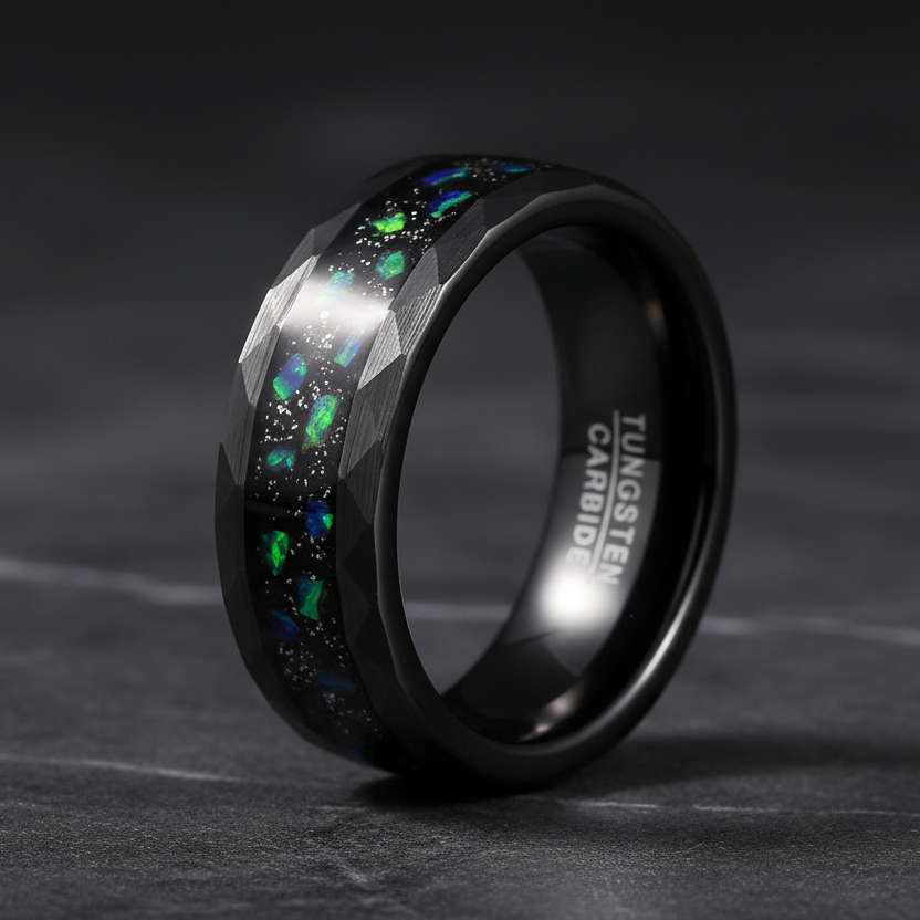 8mm Black Tungsten Ring with Green Crushed Opal Inlay