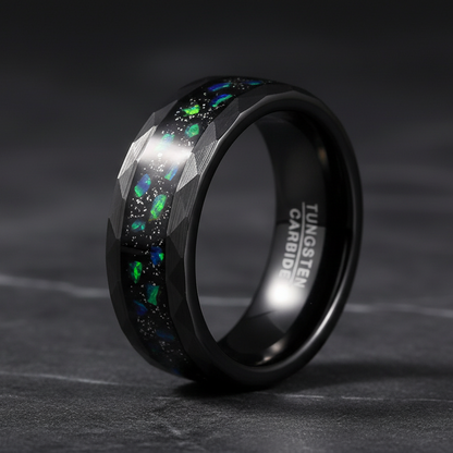 8mm Black Tungsten Ring with Green Crushed Opal Inlay