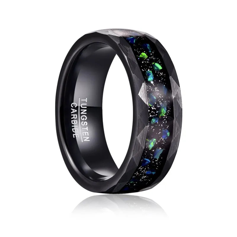8mm Black Tungsten Ring – Green Crushed Opal Inlay