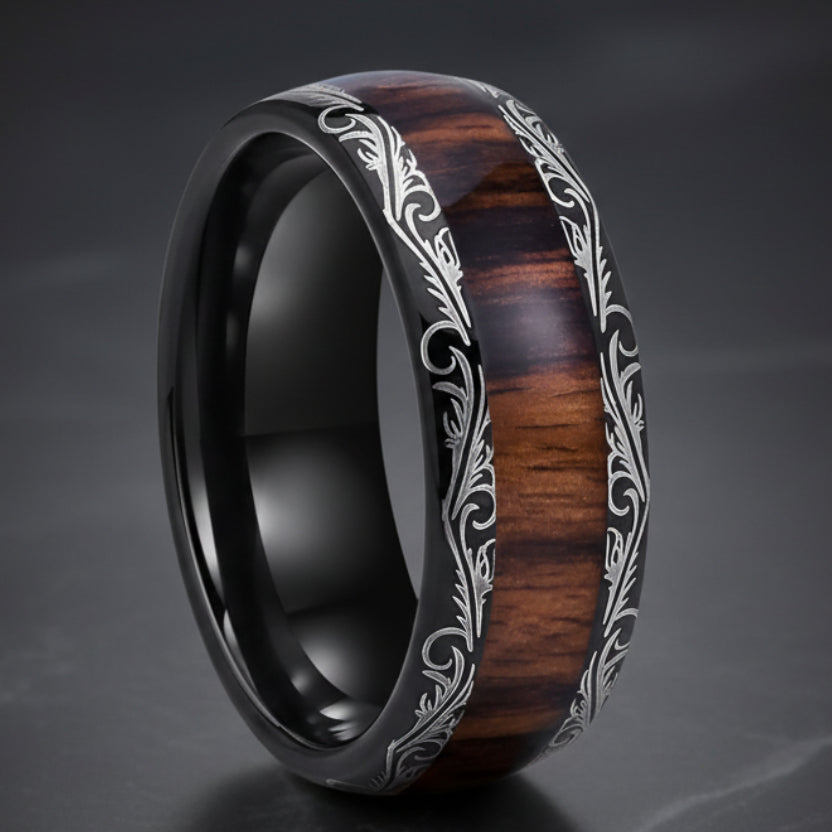 8mm Black Tungsten Ring – Leaf Veins & Red Wood Inlay