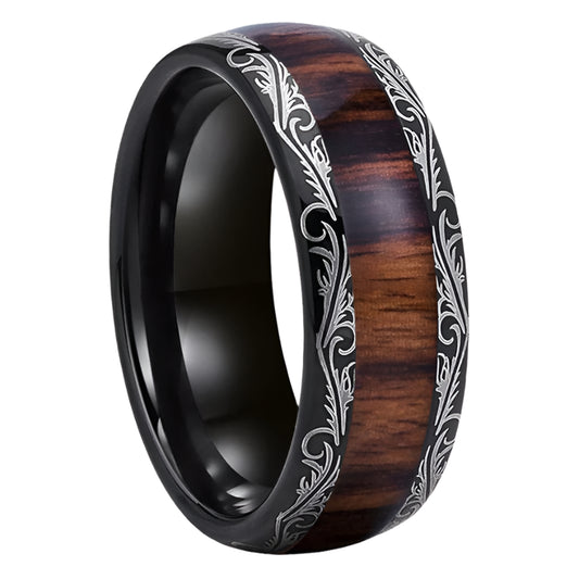 8mm Black Tungsten Ring – Leaf Veins & Red Wood Inlay
