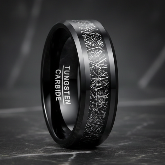 8mm Black Tungsten Ring With Meteorite & Carbon Fiber Inlay