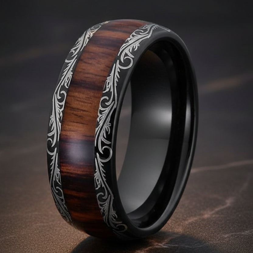 8mm_Black_Tungsten_Ring__Leaf_Veins__Red_Wood_Inlay