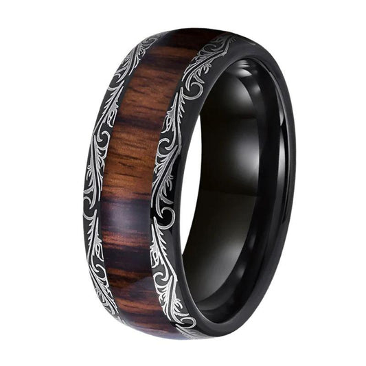 8mm_Black_Tungsten_Ring__Leaf_Veins__Red_Wood_Inlay