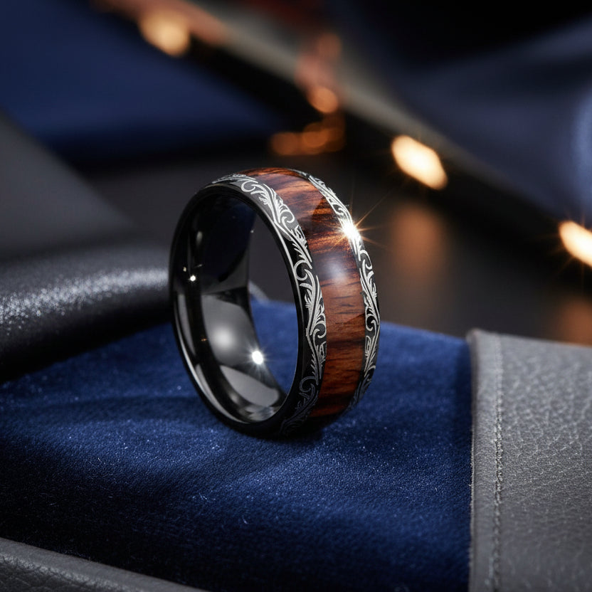 8mm_Black_Tungsten_Ring__Leaf_Veins__Red_Wood_Inlay