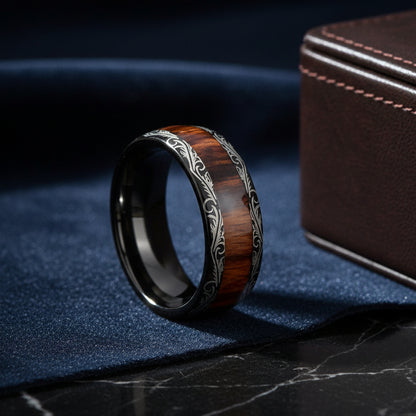 8mm_Black_Tungsten_Ring__Leaf_Veins__Red_Wood_Inlay