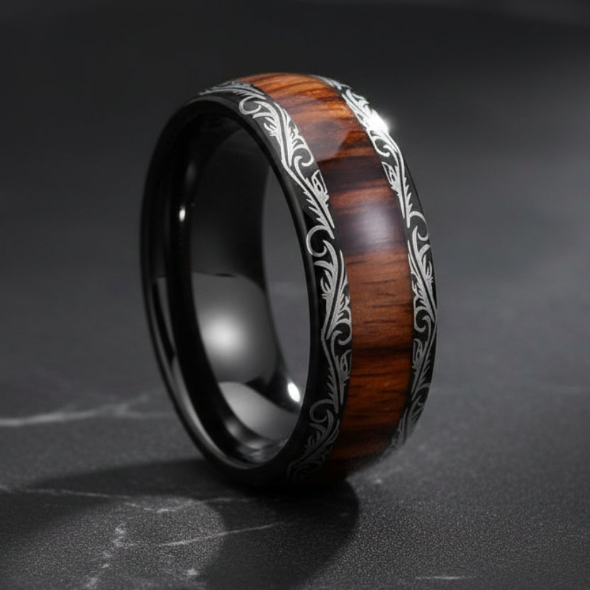 8mm_Black_Tungsten_Ring__Leaf_Veins__Red_Wood_Inlay