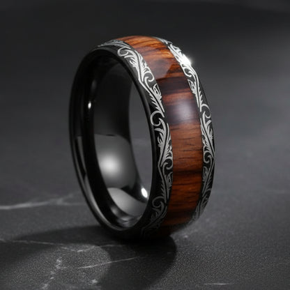 8mm_Black_Tungsten_Ring__Leaf_Veins__Red_Wood_Inlay
