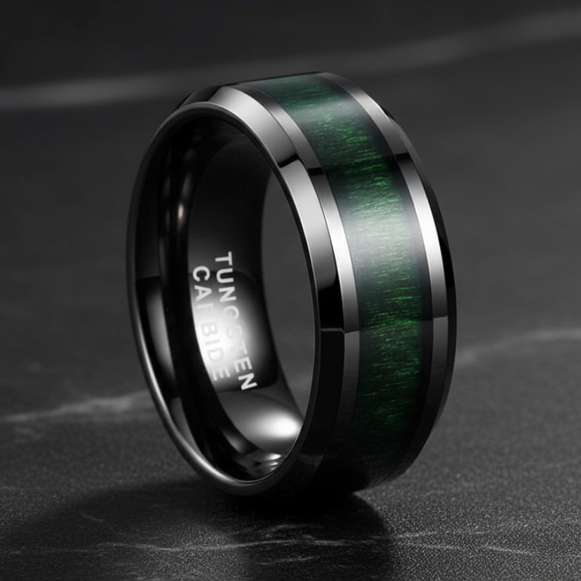 8mm Black Tungsten Ring with Green Wood Inlay - RealTungsten