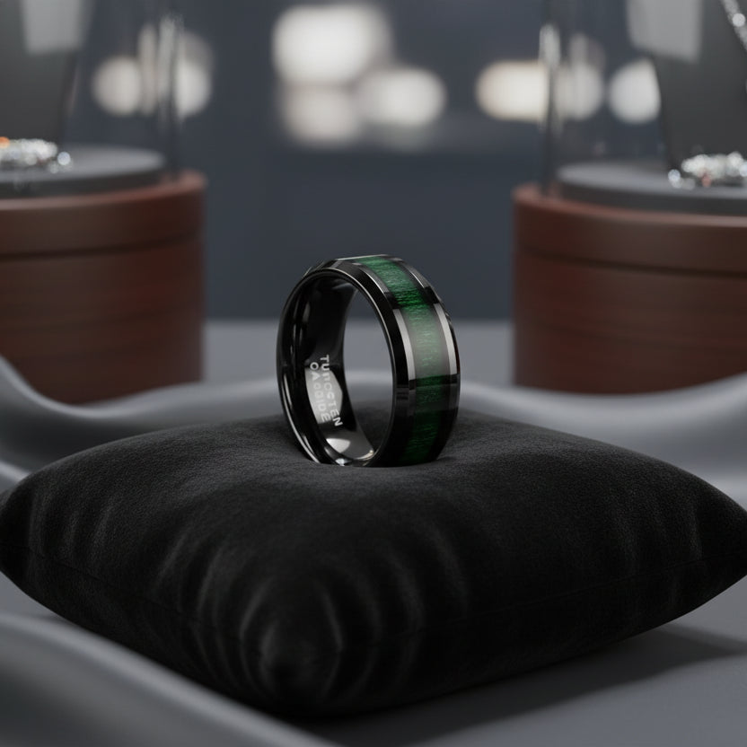 8mm Black Tungsten Ring with Green Wood Inlay