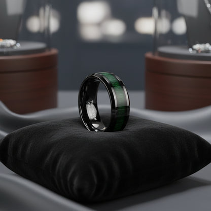 8mm Black Tungsten Ring with Green Wood Inlay