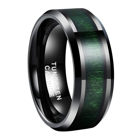 8mm Black Tungsten Ring with Green Wood Inlay