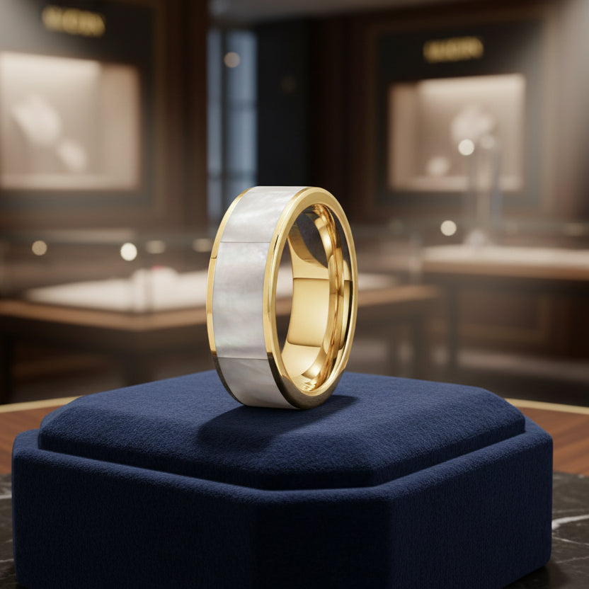 8mm Black Tungsten Ring with White Mother of Pearl Inlay