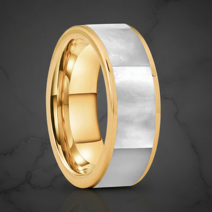 8mm Black Tungsten Ring with White Mother of Pearl Inlay