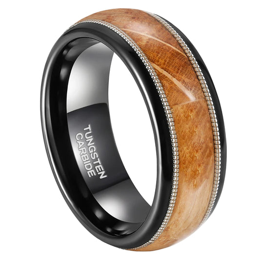 8mm Black Tungsten Ring with Wood & Guitar String Inlay