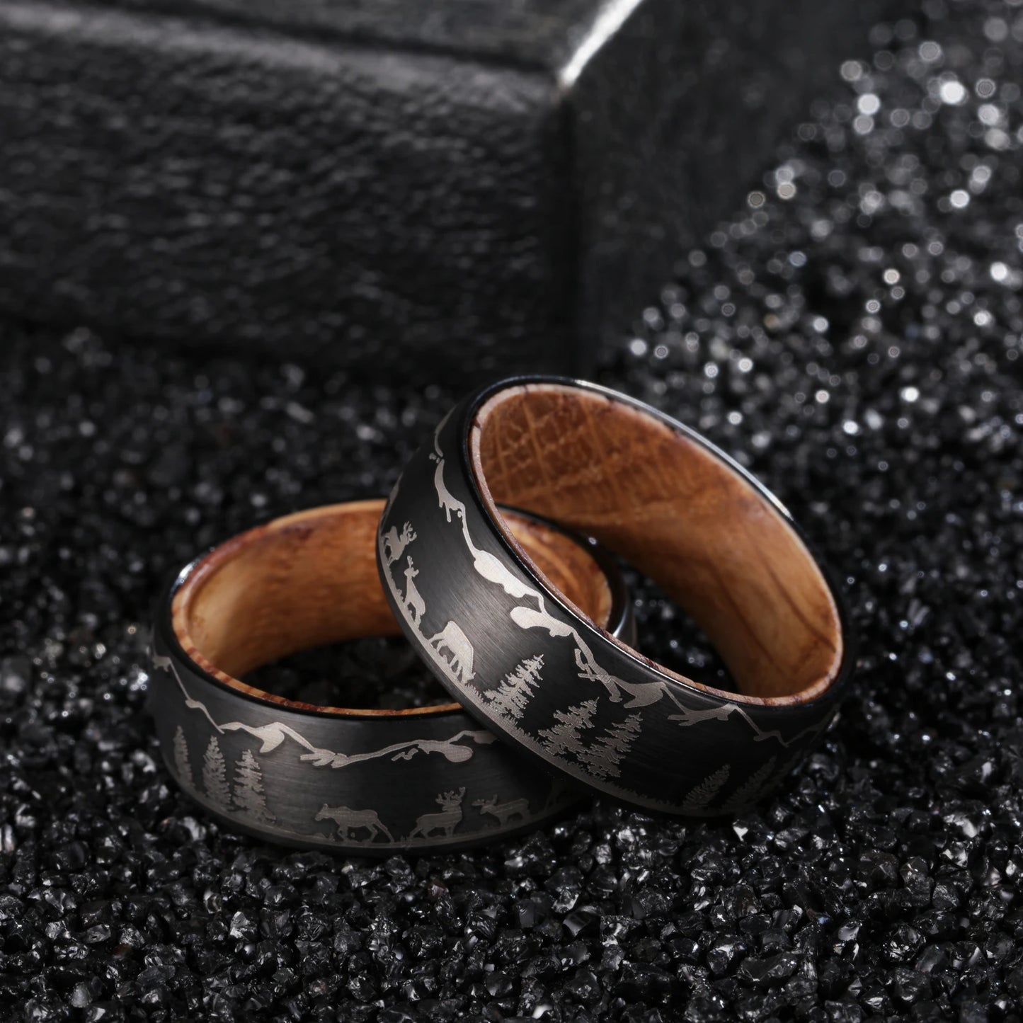 8mm Black Tungsten Wood Ring with Laser Forest Inlay