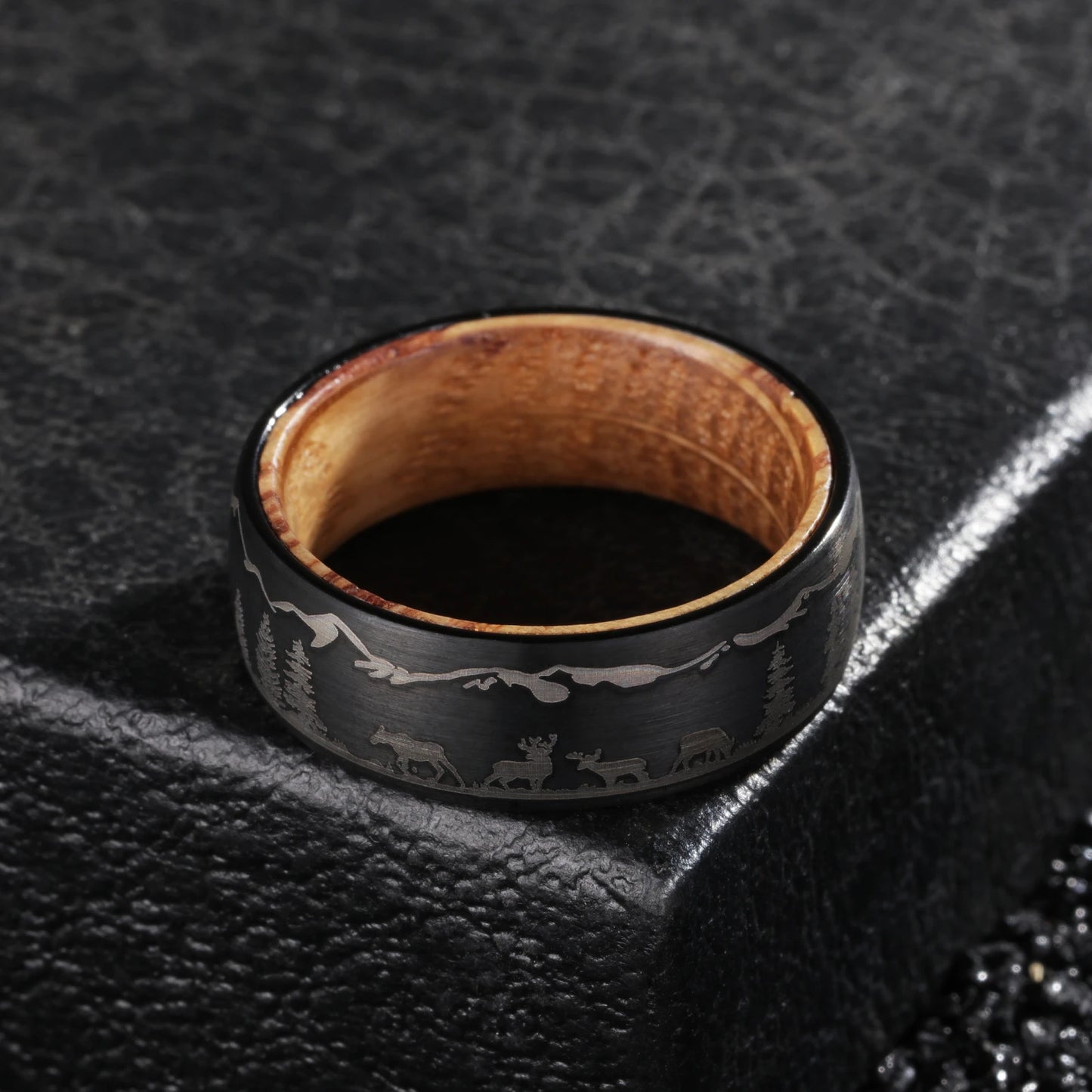 8mm Black Tungsten Wood Ring with Laser Forest Inlay