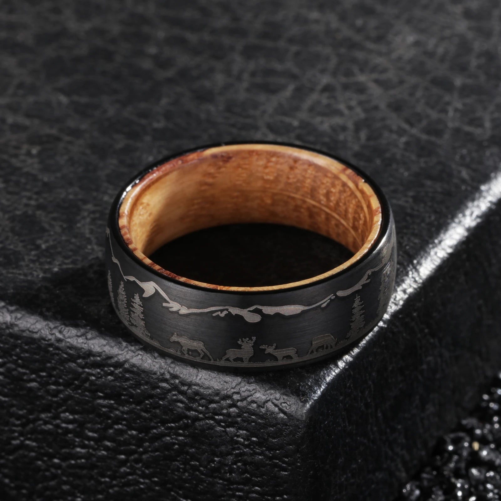8mm Black Tungsten Wood Ring with Laser Forest Inlay