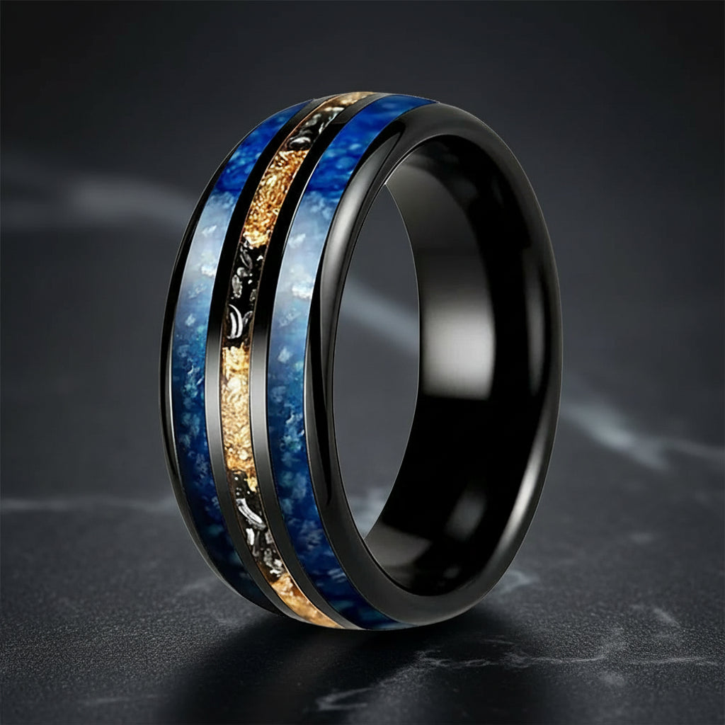 8mm Blue Glass Stone Meteorite Tungsten Ring