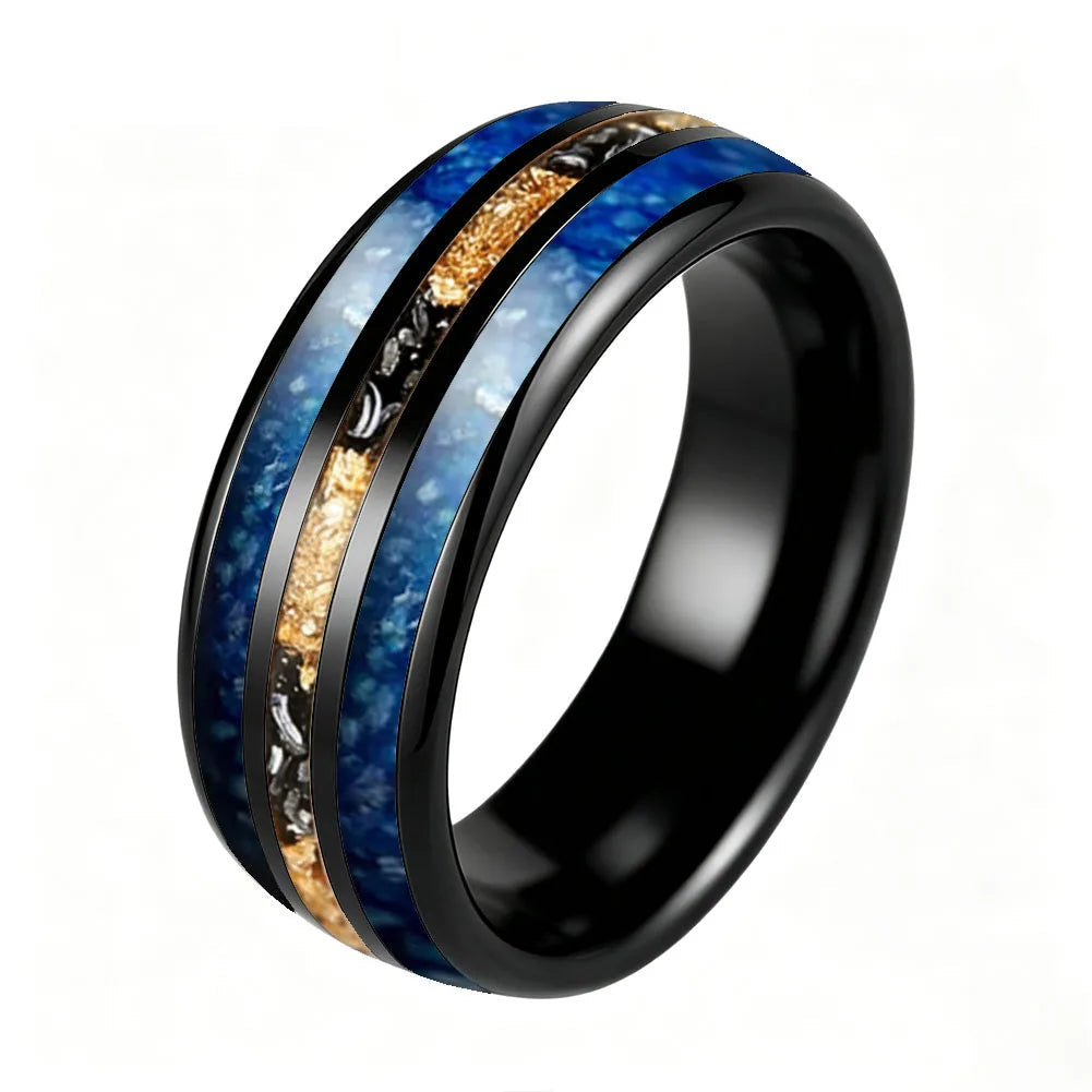 8mm Blue Glass Stone Meteorite Tungsten Ring