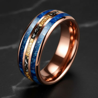 8mm Blue Glass Stone Meteorite Tungsten Ring