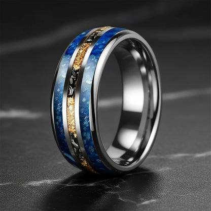8mm Blue Glass Stone Meteorite Tungsten Ring