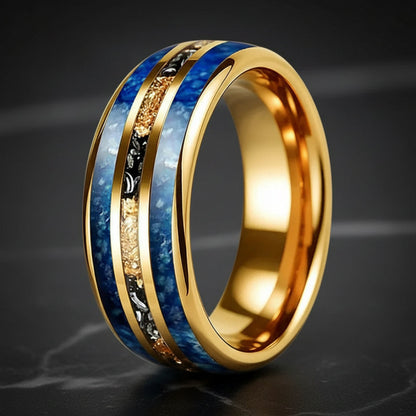 8mm Blue Glass Stone Meteorite Tungsten Ring