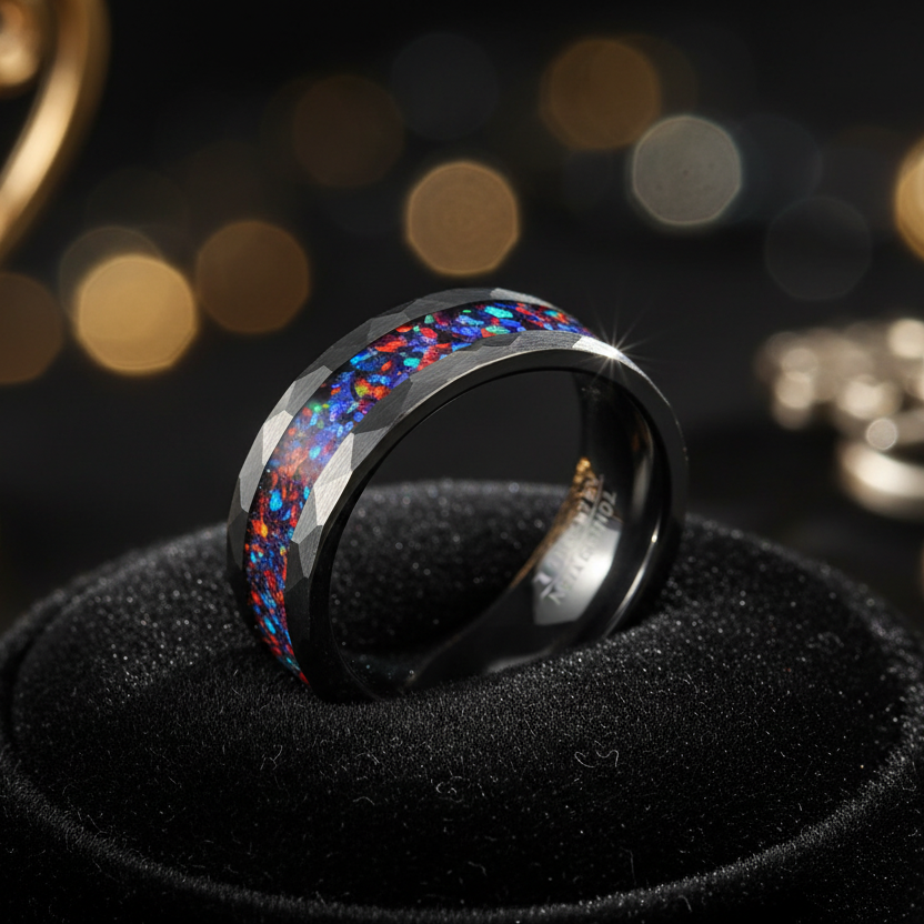 8mm Blue Opal Tungsten Ring Plated Black