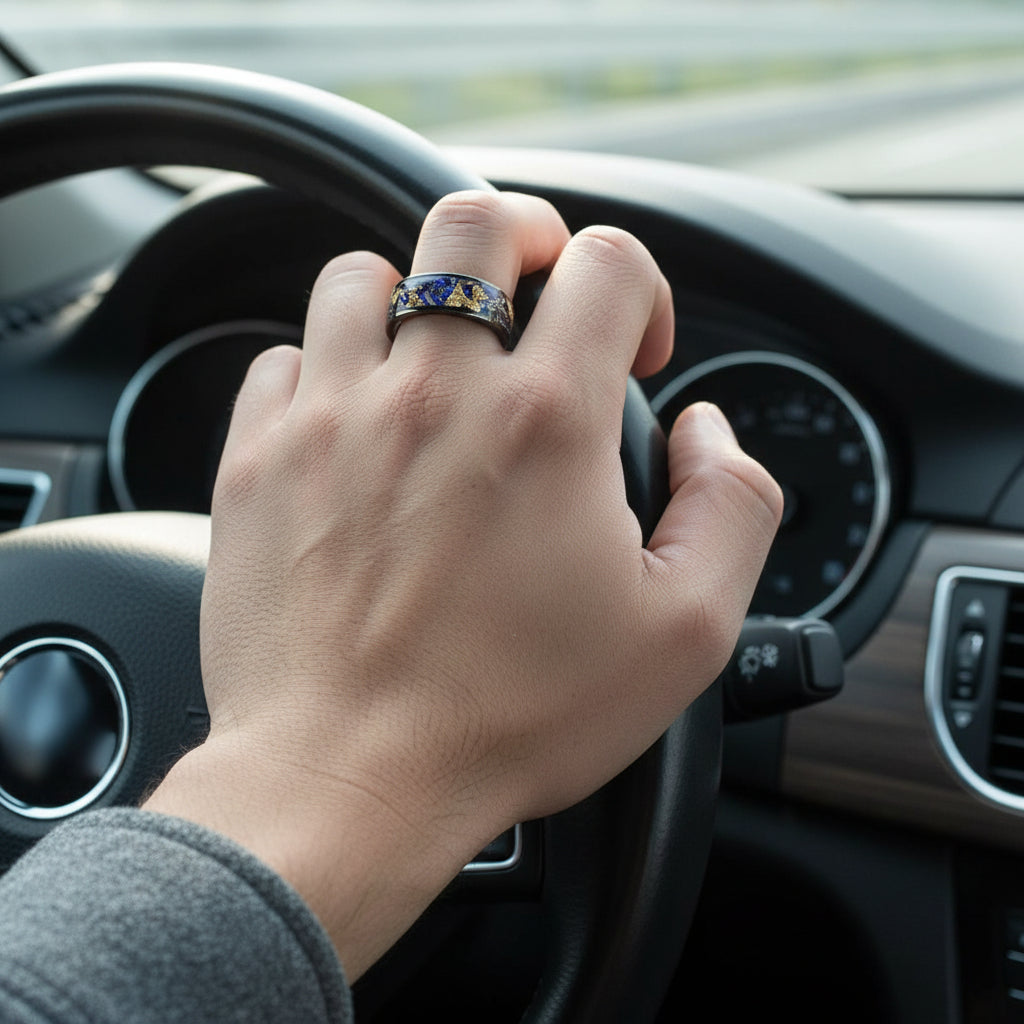 8mm_Blue_Sandstone_Tungsten_Ring__Gold_Leaf_Inlay