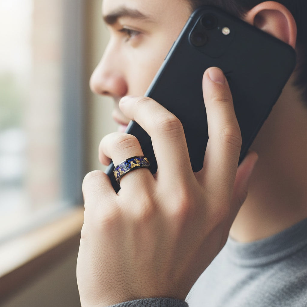 8mm_Blue_Sandstone_Tungsten_Ring__Gold_Leaf_Inlay