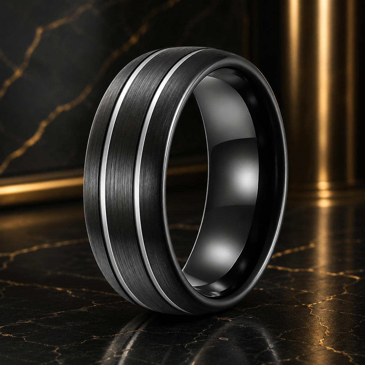 8mm Brushed Black Tungsten Ring with Double Groove