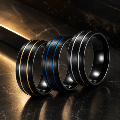 8mm Brushed Black Tungsten Ring with Double Groove