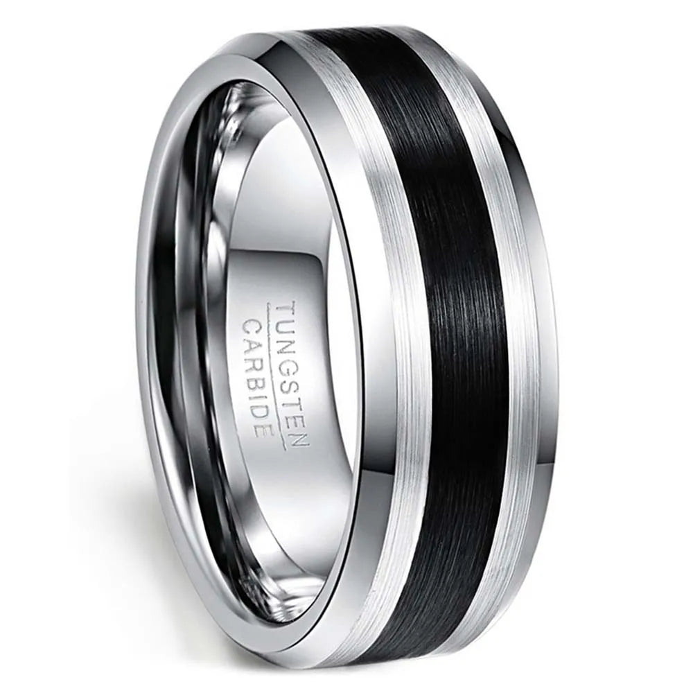 8mm Brushed Tungsten Ring – Black Center with Beveled Edges