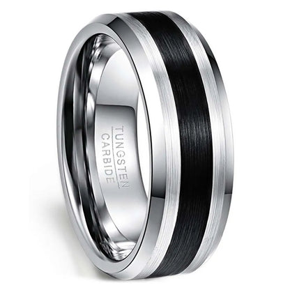 8mm Brushed Tungsten Ring – Black Center with Beveled Edges